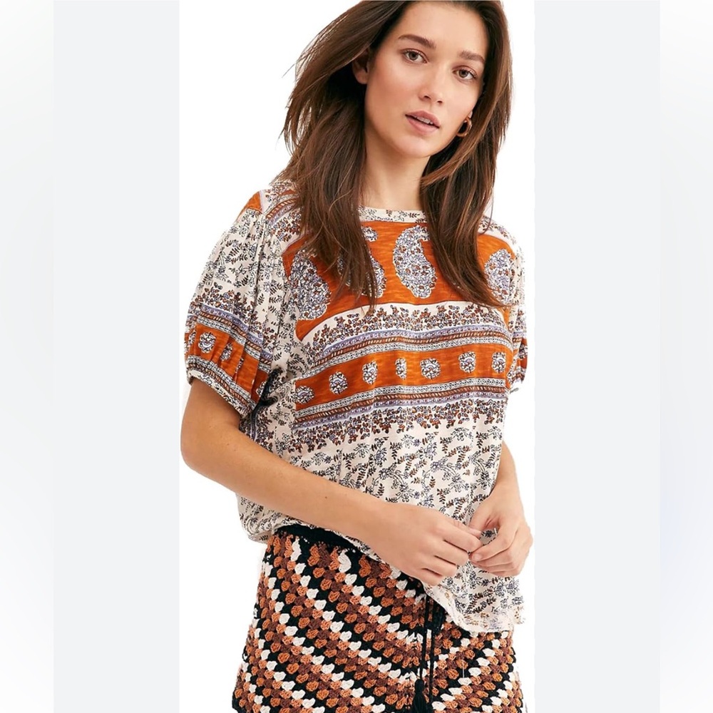 Free People NWT Paisley puff sleeve Top